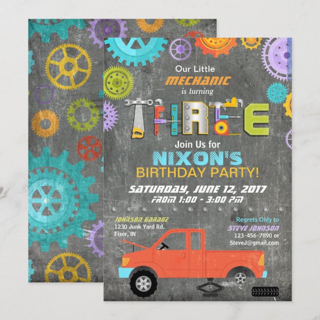 Car Mechanic Gears Tools Chalkboard Birthday Invitation (Front/Back)