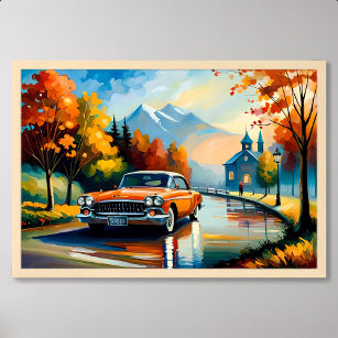 car painting classic moving country road sunny day poster