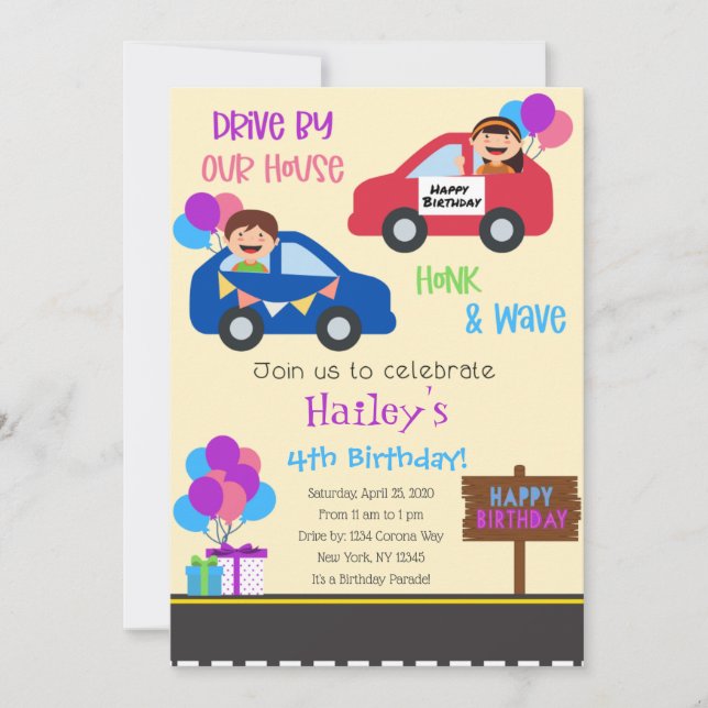 Car Parade Vertical Birthday Party Invitation (Front)
