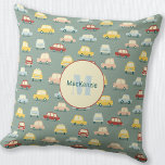 Car Personalised Sage Green Cushion<br><div class="desc">Cute retro car pattern on a sage green background.  Original art by Nic Squirrell. Change the monogram initial and name to personalise.</div>