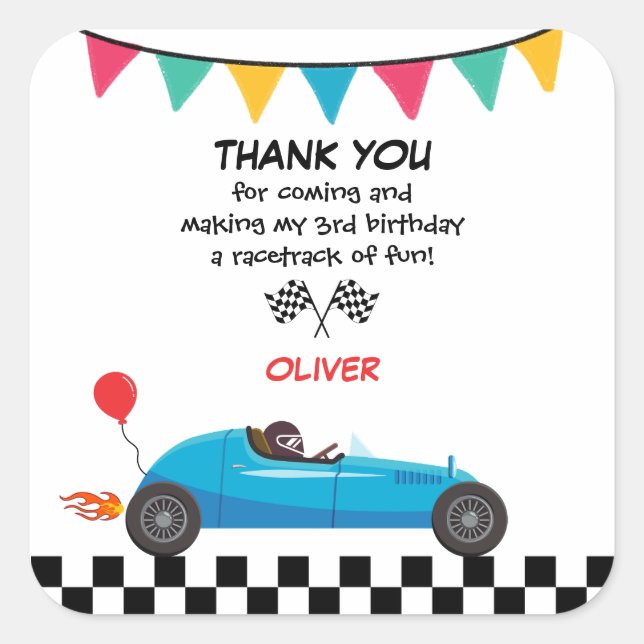 Car Race Kids Birthday Party Invitation Racer Square Sticker (Front)