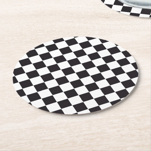 Car Racing / Chess Pattern + your backgr. & text Round Paper Coaster (Angled)