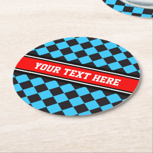 Car Racing / Chess Pattern + your backgr. & text Round Paper Coaster