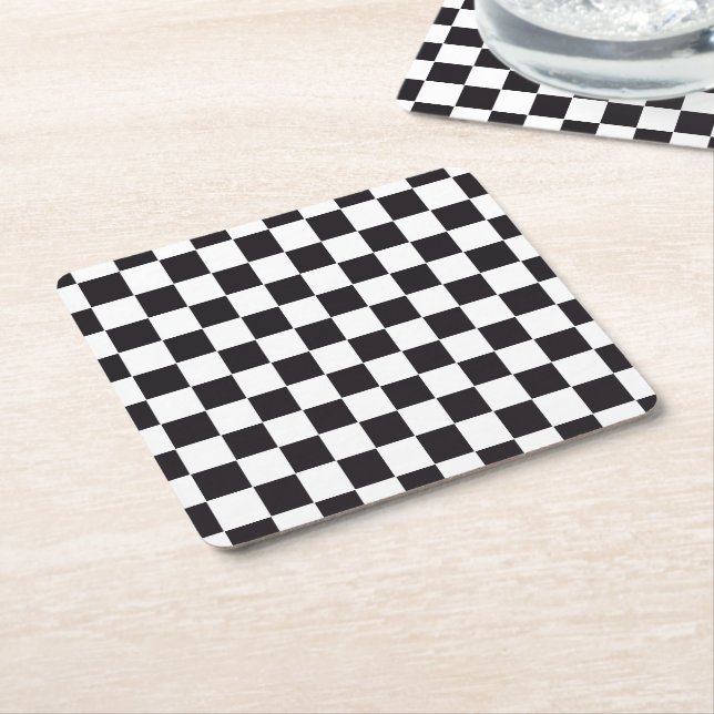 Car Racing / Chess Pattern + your backgr. & text Square Paper Coaster (Angled)