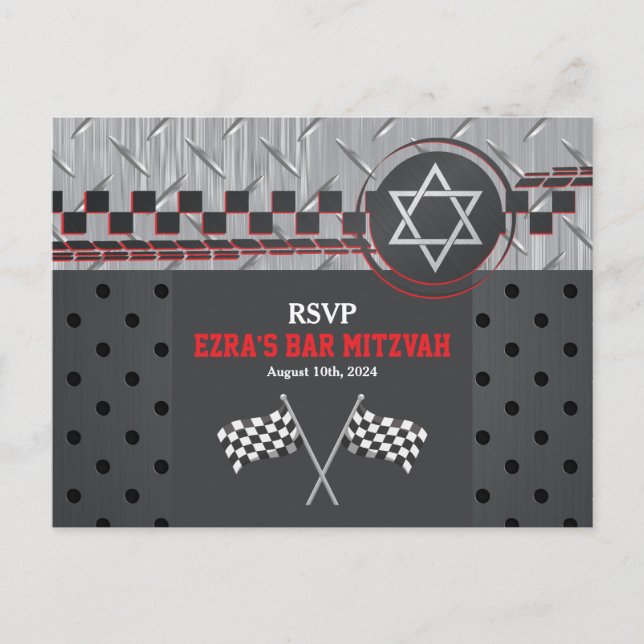 Car Racing Racecar Bar Mitzvah RSVP Postcard (Front)