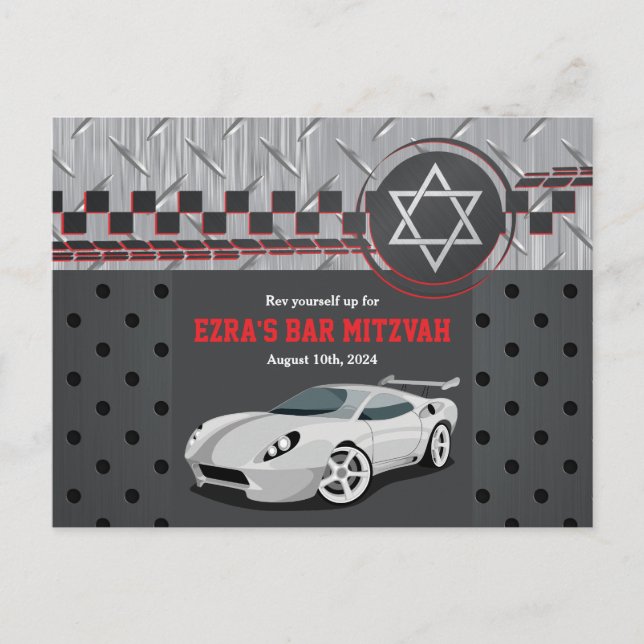 Car Racing Racecar Bar Mitzvah Save the Date Postcard (Front)