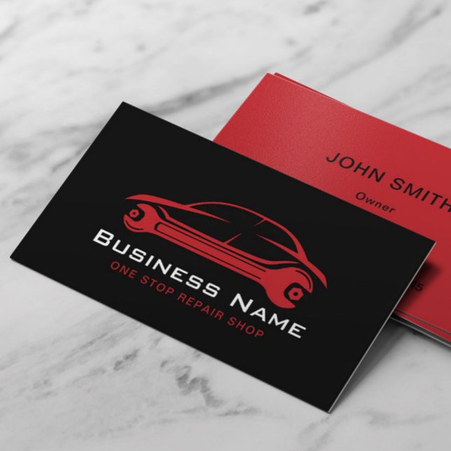 Car Repair Automotive Black & Red Auto Mechanic Business Card (Creator Uploaded)