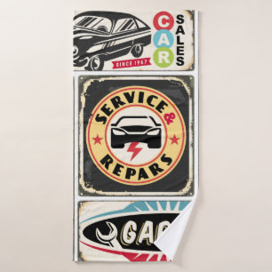 Car service and repair retro signs collection. Vin Bath Towel