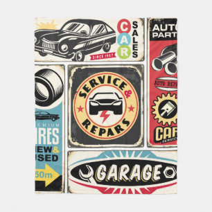 Car service and repair retro signs collection. Vin Fleece Blanket