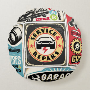 Car service and repair retro signs collection. Vin Round Cushion