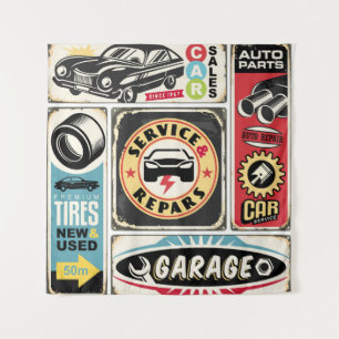 Car service and repair retro signs collection. Vin Tapestry