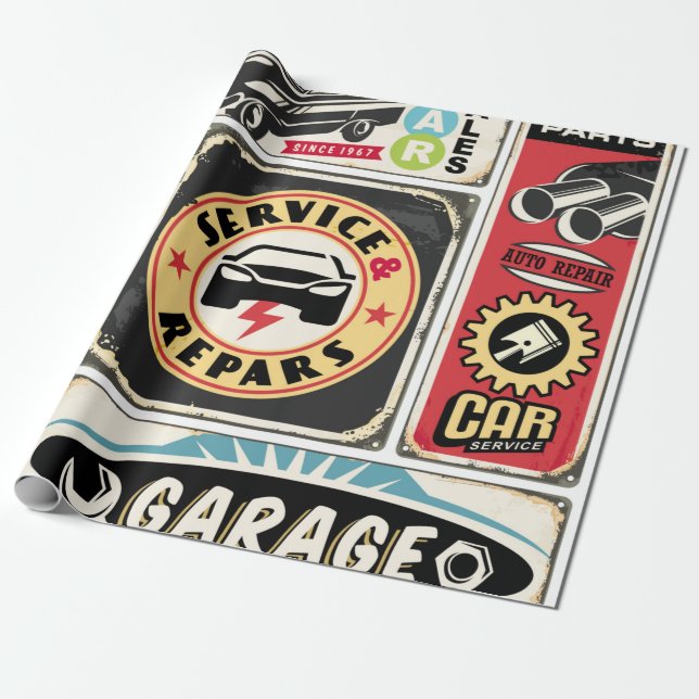 Car service and repair retro signs collection. Vin Wrapping Paper (Unrolled)