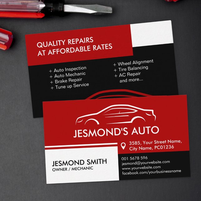 Car Silhouette - Mechanic Auto Repair Red Business Card (Creator Uploaded)