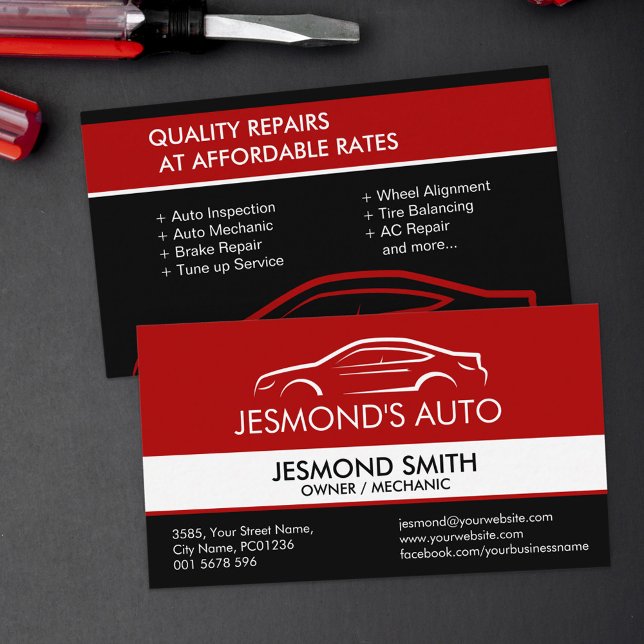 Car Silhouette - Mechanic Auto Repair Red Business Card (Creator Uploaded)