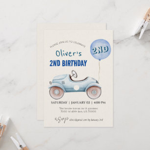 Car theme boy second birthday invitation
