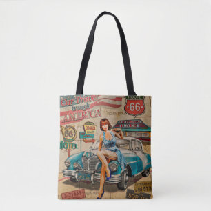 Car travel through America vintage poster. 66,rout Tote Bag