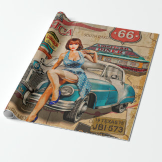 Car travel through America vintage poster. 66,rout Wrapping Paper