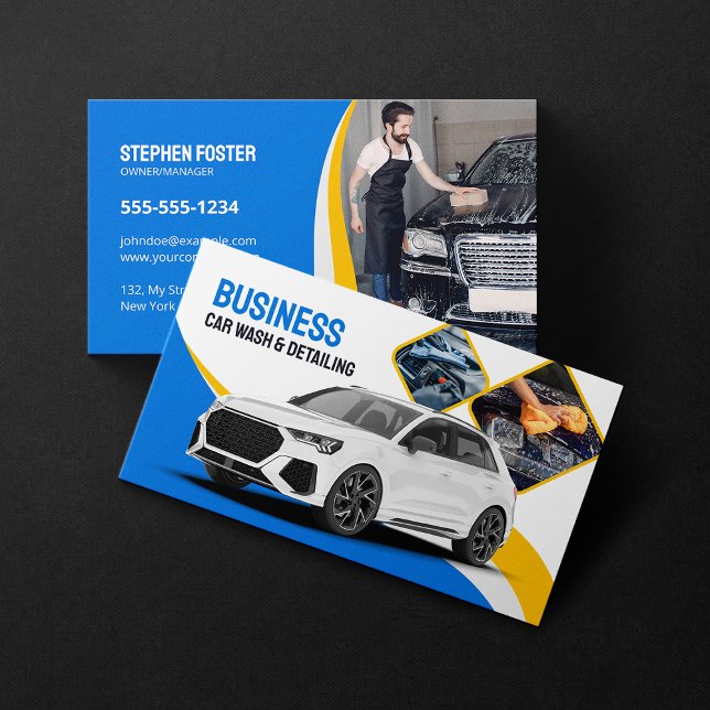 Car Wash Auto Detailing Cleaning Automotive Blue Business Card (Creator Uploaded)