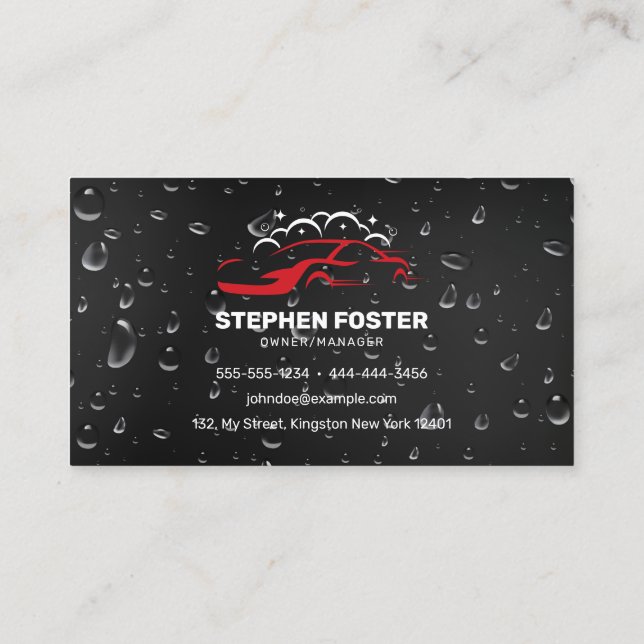 Car Wash & Auto detailing Water Drop Black Red Business Card (Back)