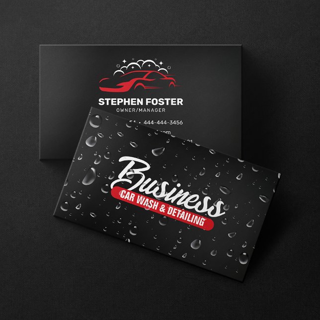 Car Wash & Auto detailing Water Drop Black Red Business Card (Creator Uploaded)