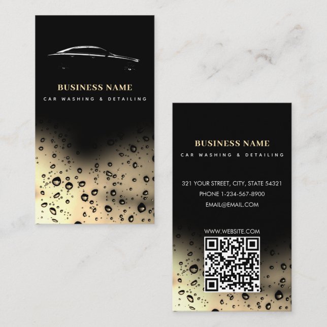 Car Wash Automotive Cleaning QR Code Black Gold Business Card (Front/Back)