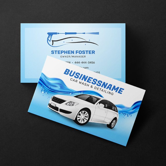 Car Wash Automotive Detailing Car Cleaning Blue Business Card (Creator Uploaded)
