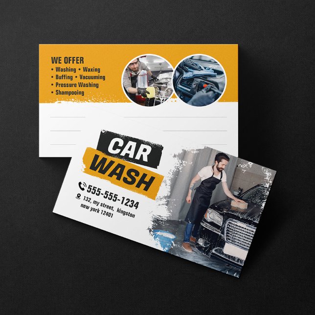 Car Wash Detailing Automotive Waxing White Yellow Business Card (Creator Uploaded)