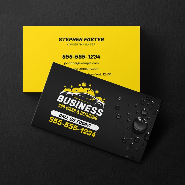 Car Wash Mobile Detailing Water Drop Black Yellow Business Card (Creator Uploaded)
