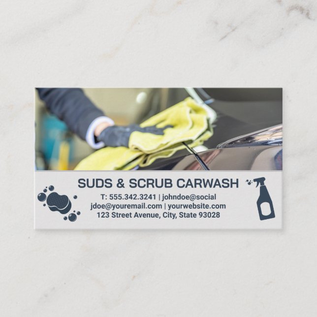 Car Wash Worker Drying | Auto Buffing Polishing Business Card (Front)