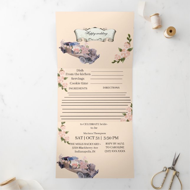 Car wedding Navy Floral Bridal Shower &Recipe All  Tri-Fold Invitation (Inside)