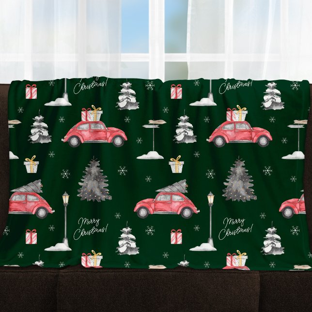 Car Winter Pattern Merry Christmas Green Medium Fleece Blanket (Creator Uploaded)