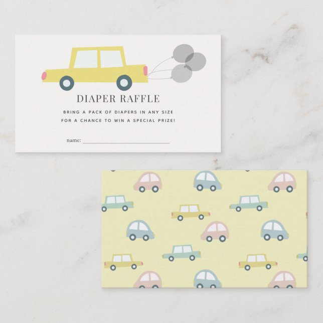 Car with Balloons Yellow Diaper Raffle Ticket Enclosure Card (Front/Back)