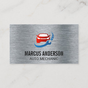 Car Wrench Road Logo Metallic Brushed Background Business Card