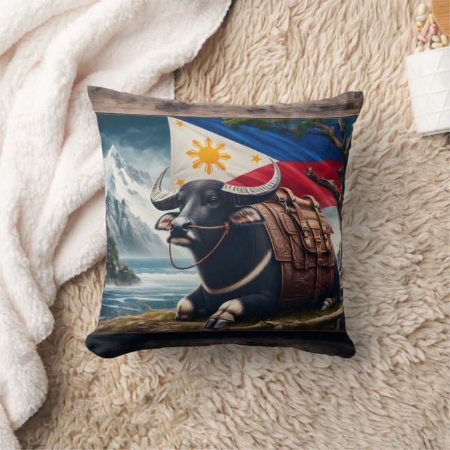 Carabao by Flag in Mountain Landscape Cushion (Blanket)