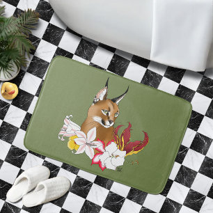 Caracal Wild Cat Floral Green Bath Mat