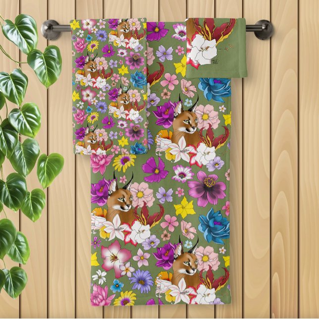 Caracal Wild Cat Floral Green Bath Towel Set (Creator Uploaded)