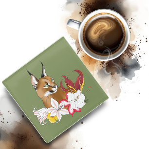 Caracal Wild cat Floral Green Glass Coaster