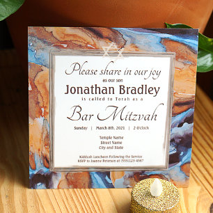 Caramel and Blue Marble Bar Mitzvah Invitation