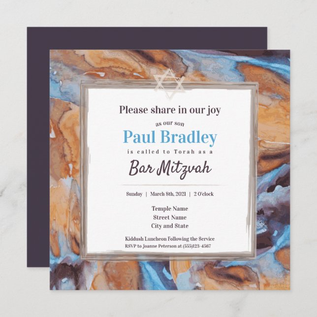 Caramel, Blue, & Eggplant Bar Mitzvah Invitation (Front/Back)
