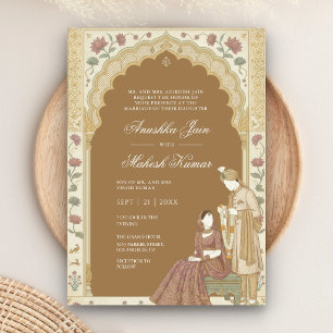 Caramel Brown Pink Lotus Indian Couple Wedding Invitation