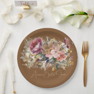Caramel Brown Pink Peach Burgundy  Floral Shower Paper Plate
