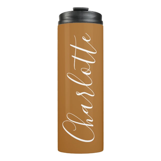 Caramel Brown White Script Personalized Name Thermal Tumbler (Front)