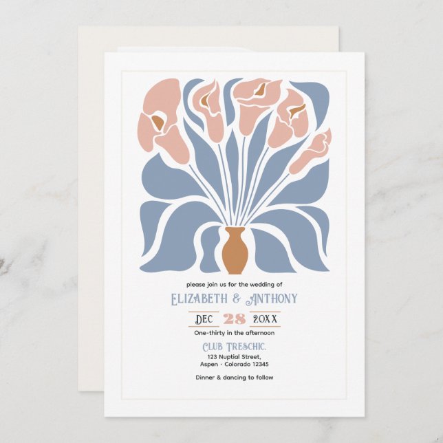 Caramel & Dusty Blue Abstract Floral Boho Wedding Invitation (Front/Back)