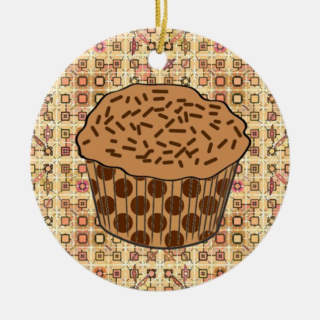 Caramel Frosted Cupcake with Sprinkles Ceramic Ornament (Front)