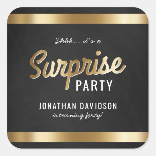 Caramel Gold and Black Surprise Birthday Party Square Sticker
