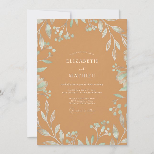 Caramel Mint Leafy Wedding Invitation (Front)