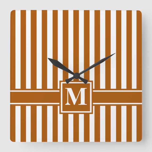 Caramel Modern Stripe with Monogram Square Wall Clock (Front)