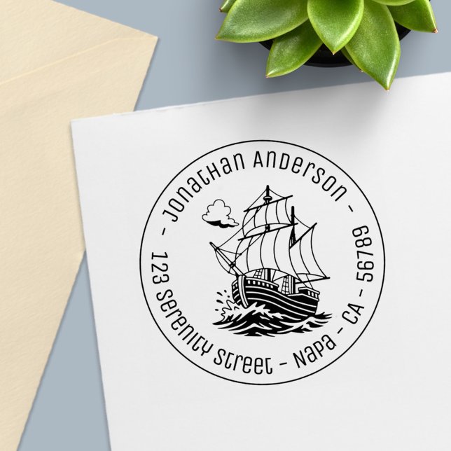 Caravel Wooden Sailing Ship Round Address Self-inking Stamp (Creator Uploaded)