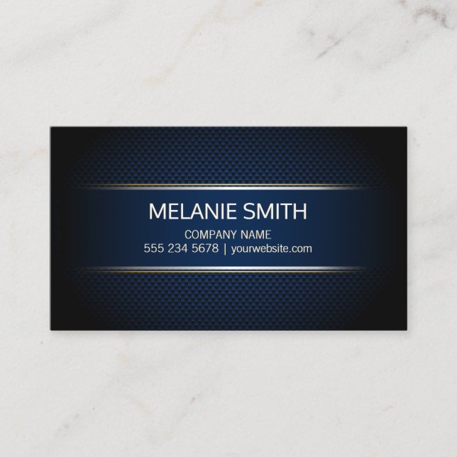 Carbon Fibre Blue Background Yellow White Lines Business Card (Front)