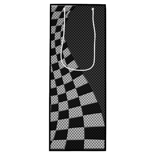 Carbon Fibre Like Racing Flag Wave Print Wine Gift Bag (Front)